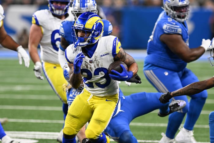 Jan 14, 2024; Detroit, Michigan, USA; Los Angeles Rams running back Kyren Williams (23) runs during the second half of a 2024 NFC Wild Card game against the Detroit Lions at Ford Field.